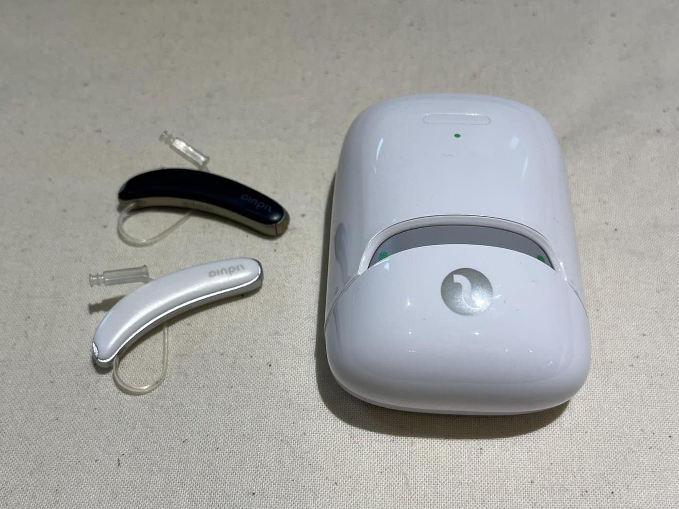 시그니아 퓨어 충전식 오픈형 보청기 한 쌍과 충전 케이스, 하나히어링 촬영