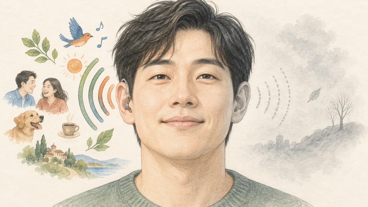 보청기 착용 귀는 생생하고 반대쪽 귀는 희미해진 대비 일러스트