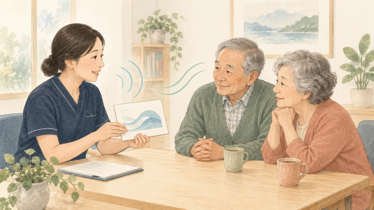 상담실에서 전문가가 어르신 부부와 듣기 전략을 상담하는 일러스트