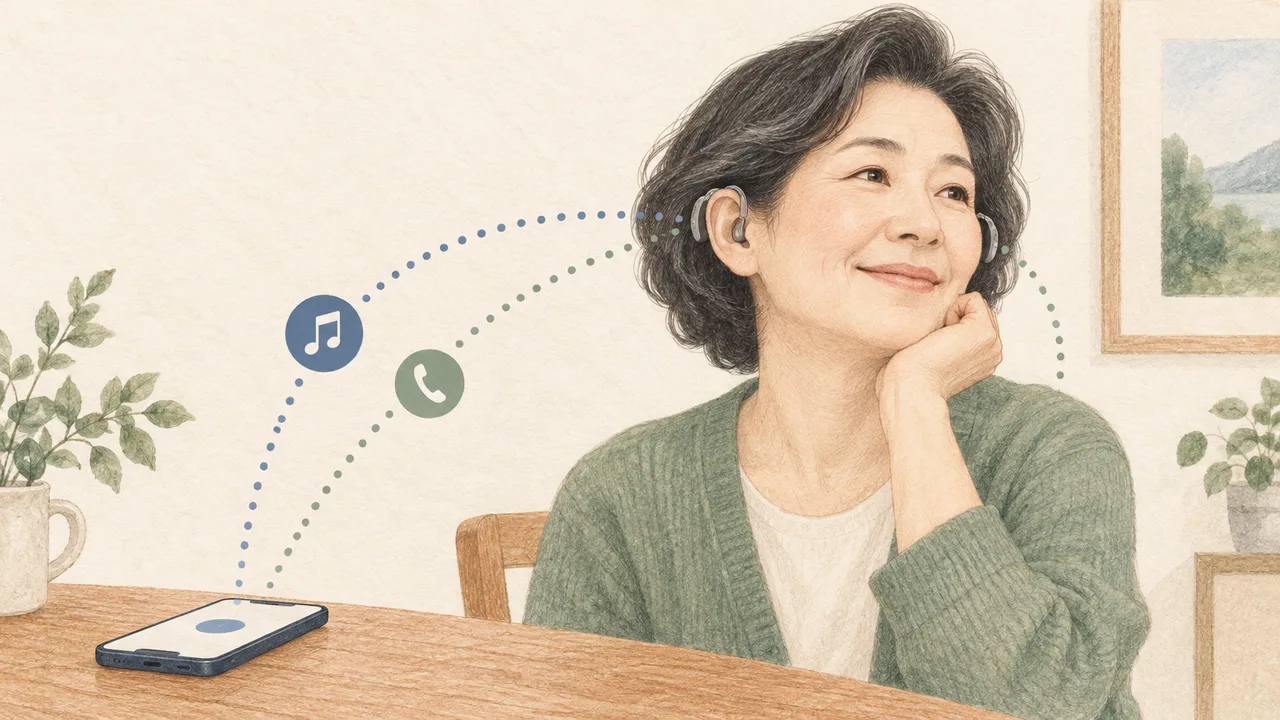 스마트폰에서 양쪽 보청기로 점선 스트림이 이어지는 일러스트