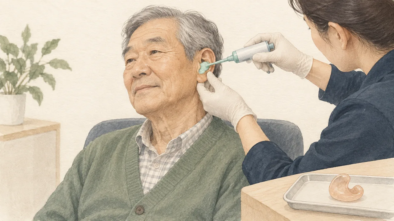 귀에 실리콘 인상재를 주입해 귓본을 뜨는 과정 일러스트