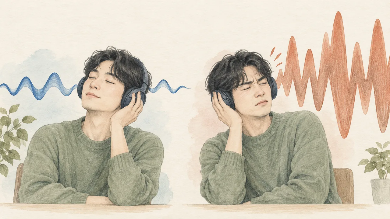 편안한 소리와 불쾌하게 큰 소리를 듣는 표정을 나란히 그린 일러스트
