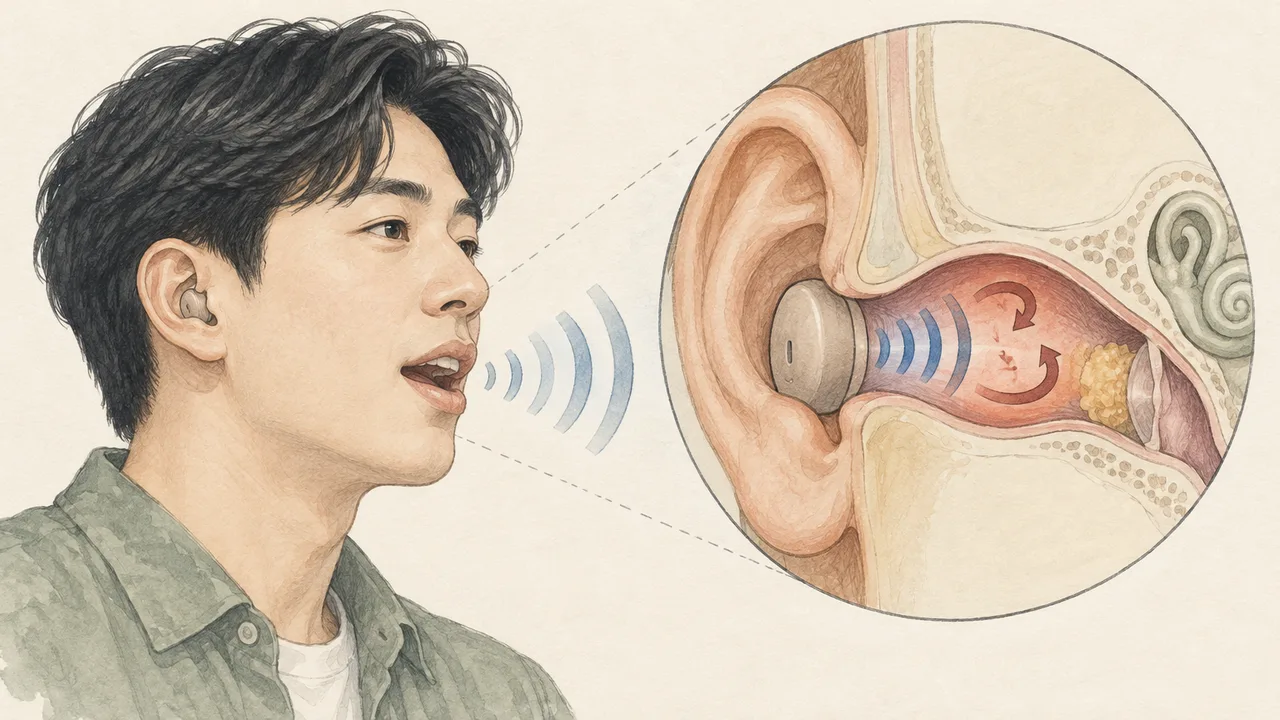 말할 때 막힌 외이도 안에서 저음이 울리는 단면 일러스트