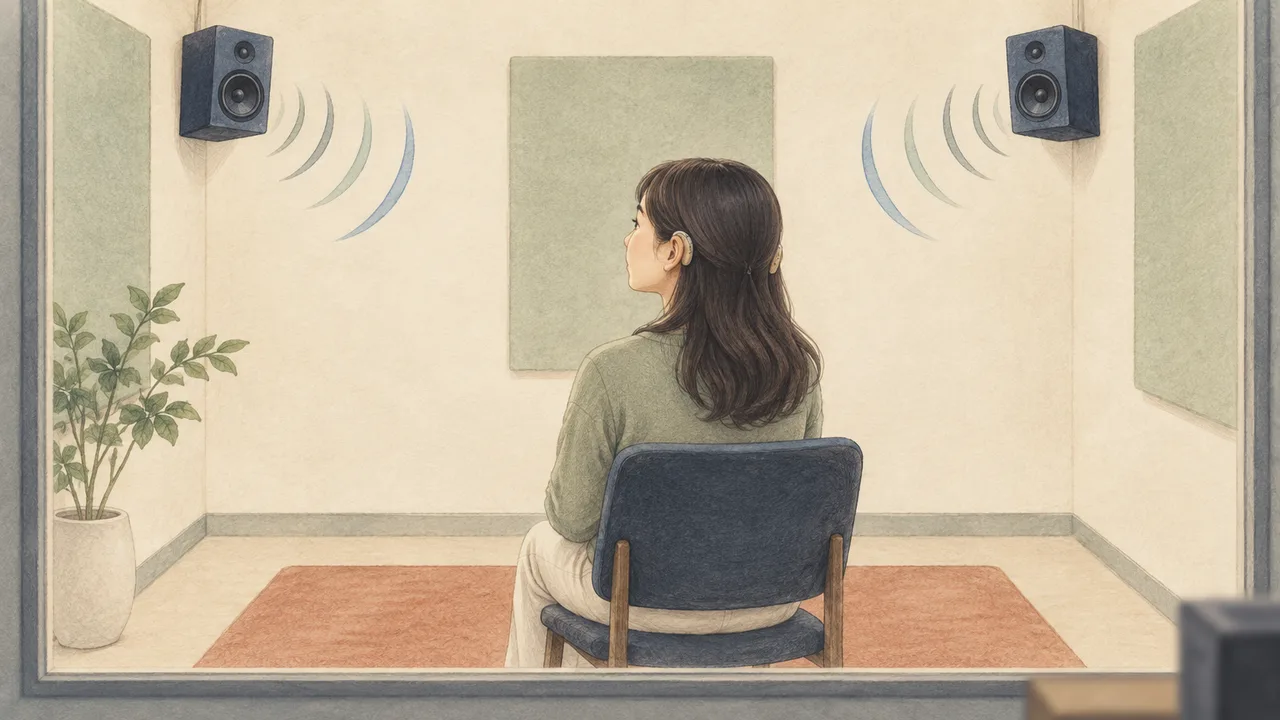방음실 가운데 앉은 피검자가 스피커 두 대의 소리를 듣는 음장검사 일러스트