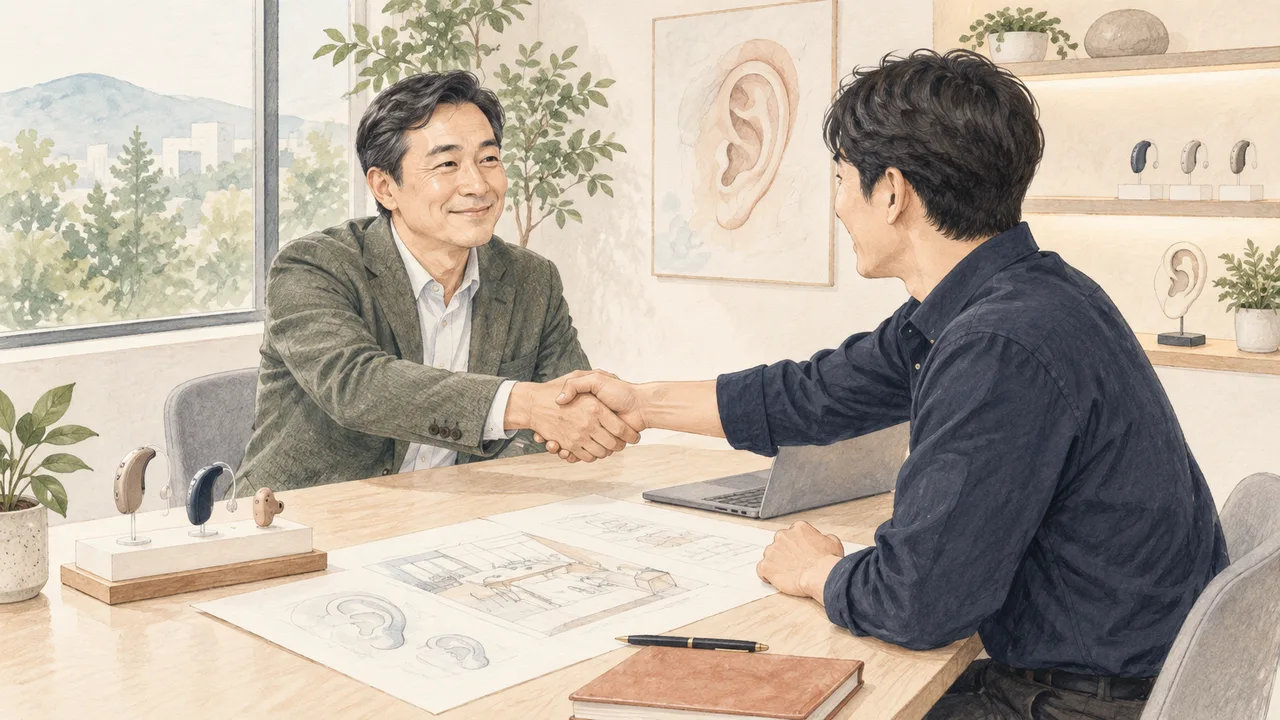 예비 창업자가 센터 사무실에서 본부 담당자와 창업 상담 후 악수하는 일러스트